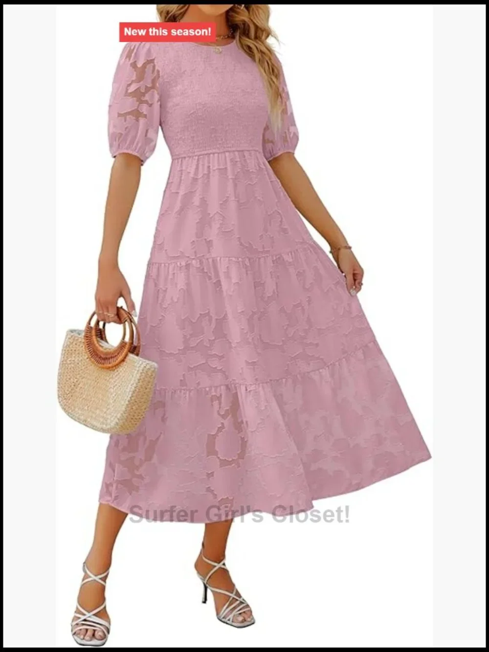 Women's Floral Lace Puff Sleeve Maxi Dress Tiered Smocked